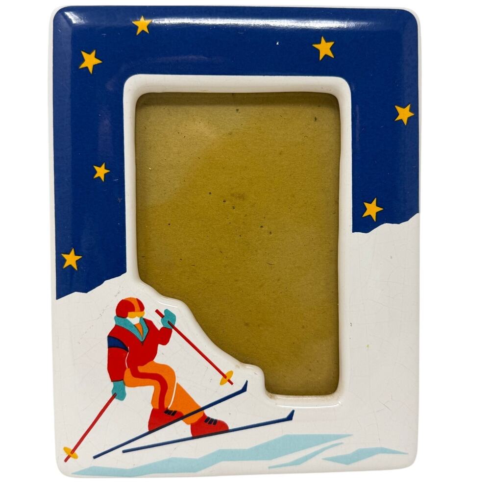 Vintage 90s Winter Sports Picture Frame 3x5 Blue Snow Skier Photo Frame